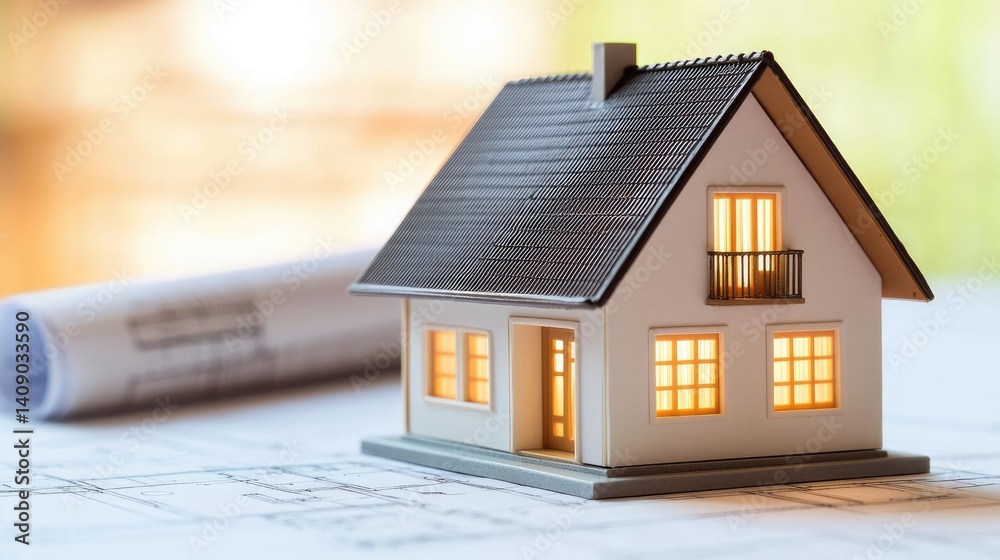Poster Building house on blueprint with vignetting and construction concept. A detailed miniature house model on architectural blueprints.