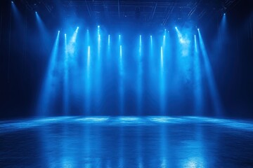 Empty stage with blue lights and haze creating a dramatic atmosphere. This image is great for event promotion, theatrical productions, and concerts.