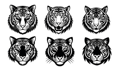 Vector set of tiger logos, face for logos, emblems, badges and labels. Isolated on white background