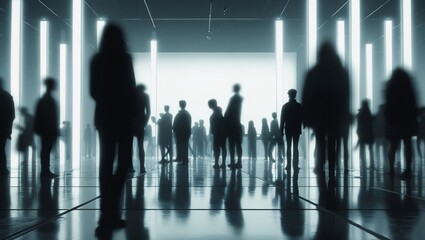 Silhouetted Figures in a Bright, Modern Hallway A Study in Light and Shadow