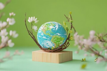 Earth nestled within a floral frame, symbolizing environmental harmony.
