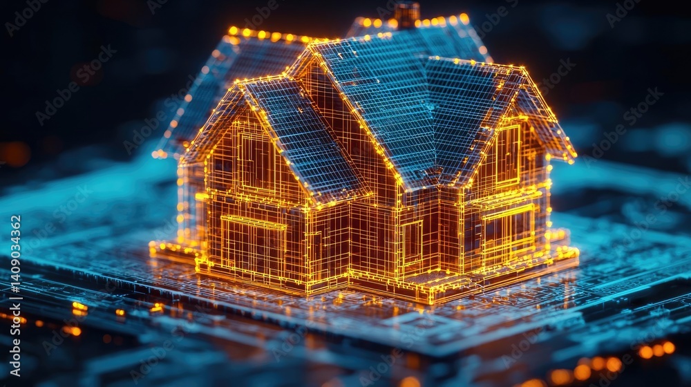 Poster Building house on blueprint with vignetting and construction concept. A glowing digital house on a circuit board representing technology.