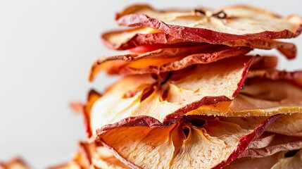 Stacked dried apple rings a neat pile highlighting their crisp texture on a white background