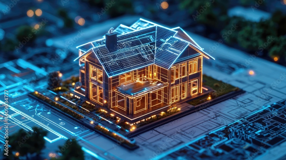 Poster Building house on blueprint with vignetting and construction concept. A detailed 3D model of a modern illuminated house at night.