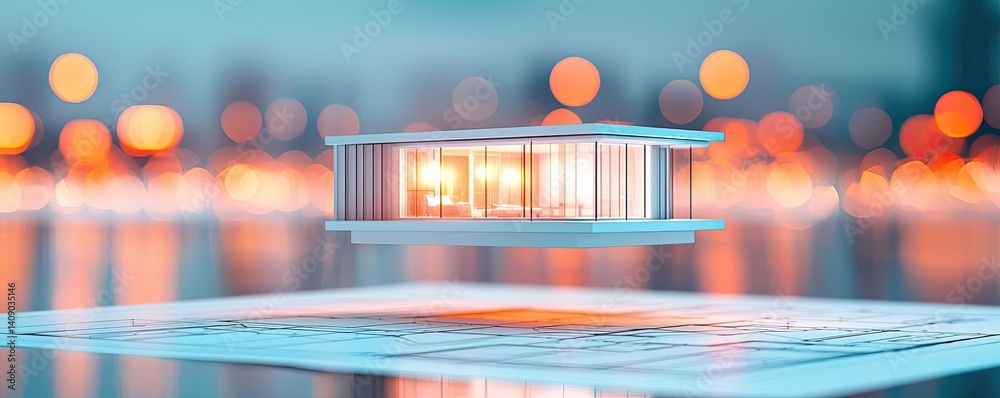 Aufkleber Building house on blueprint with vignetting and construction concept. Modern architectural design with futuristic floating structure.