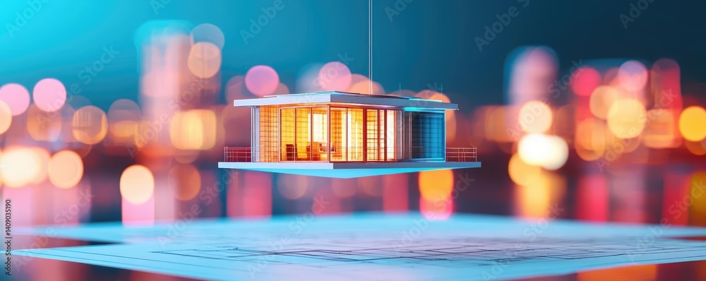 Poster Building house on blueprint with vignetting and construction concept. A modern architectural model suspended over a vibrant cityscape.