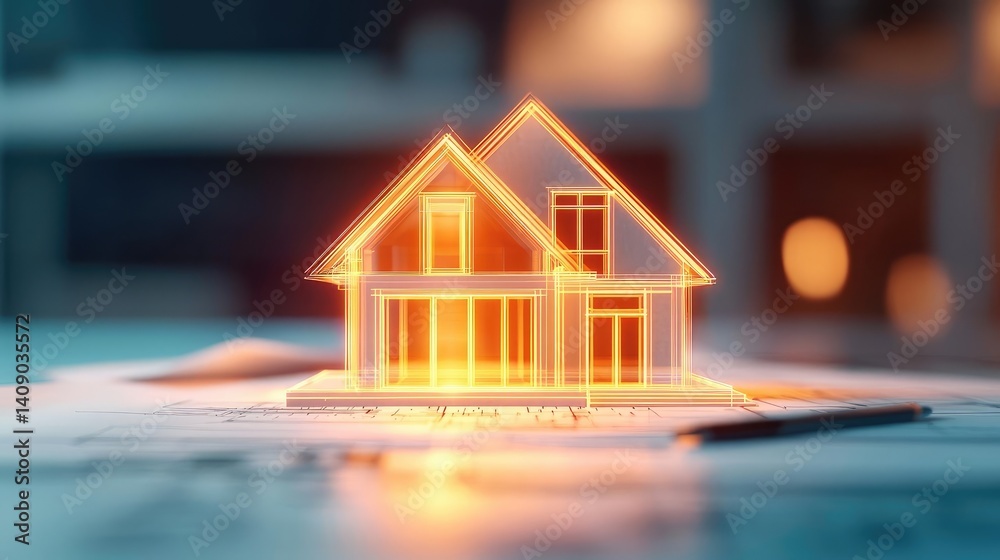 Poster Building house on blueprint with a focus on architecture and vignetting concept. A futuristic glowing house model on architectural plans.