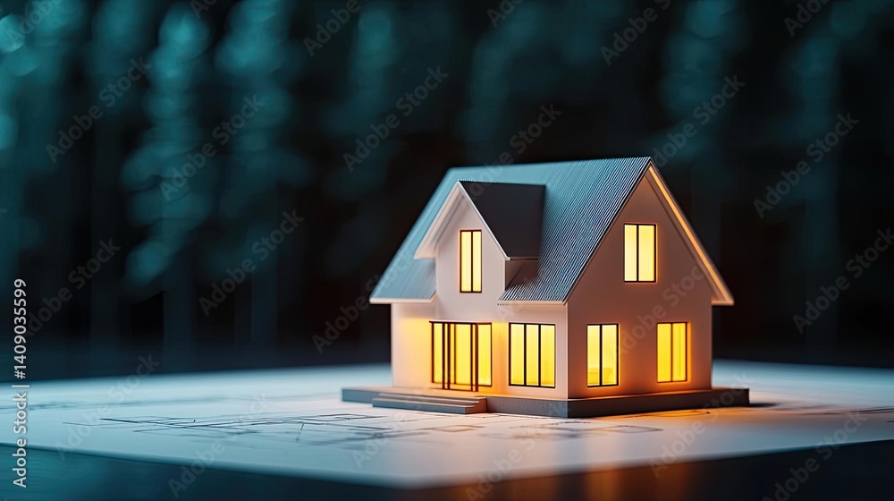 Poster building house on blueprint under plan and architecture concept. illuminated model house on blueprin