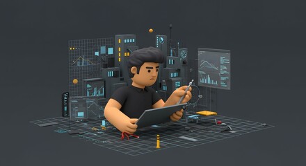 3D Render of a Programmer Working on a Tablet with Data Visualization