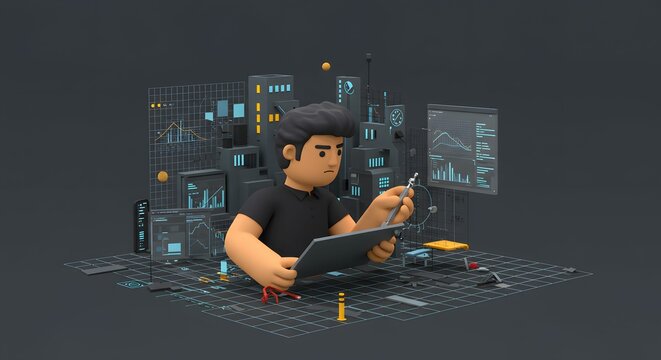 3D Render of a Programmer Working on a Tablet with Data Visualization