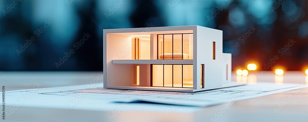 Poster Building house on blueprint with a focus on architecture and vignetting concept. Modern architectural model showcasing innovative design features.