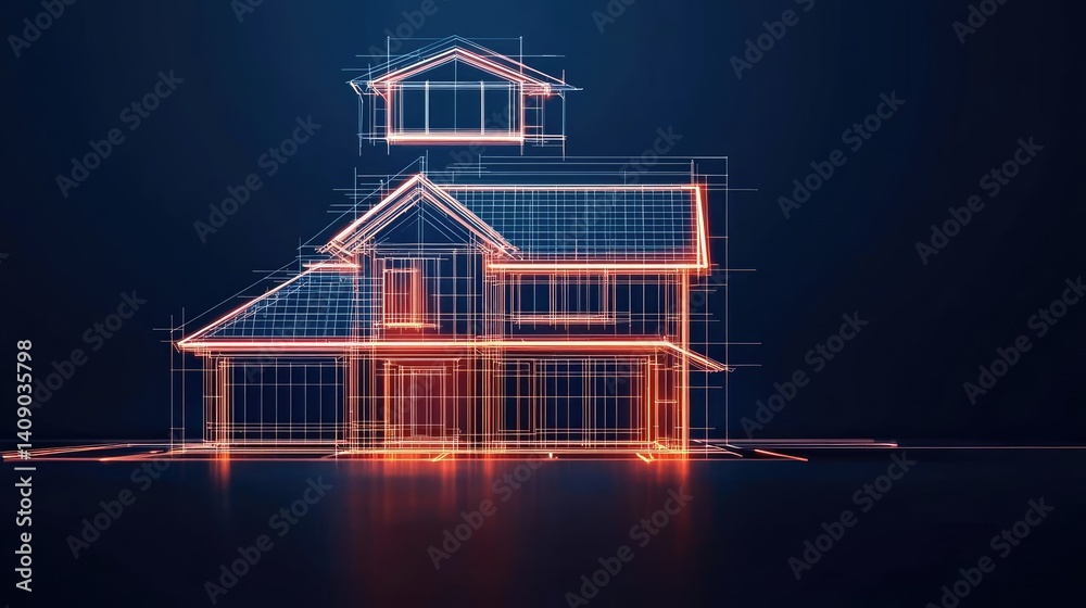 Aufkleber Building house on blueprint with vignetting and construction concept. Futuristic blueprint of a modern house design in neon style.