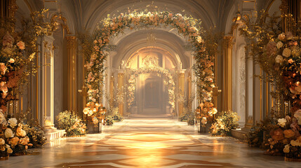 Naklejka premium Luxurious wedding scenes in elegant natural and architectural settings, surrounded by florals, candlelight, and evolving romantic atmospheres...