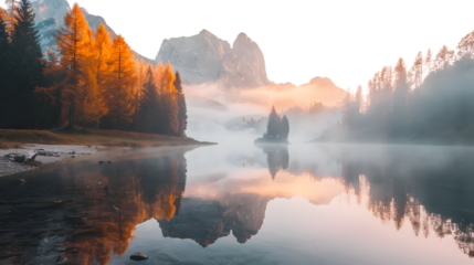 Spectacular Autumn Sunrise Mountain Landscape Reflection on Lake