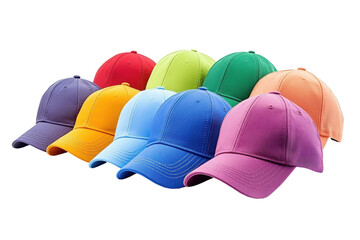 Assorted bright baseball hats in different colors placed together on a white isolated surface