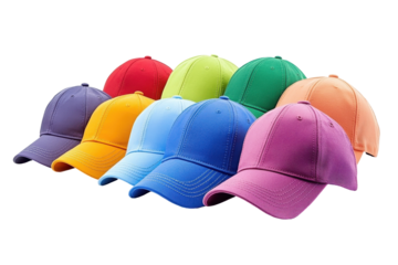 Assorted bright baseball hats in different colors placed together on a white isolated surface
