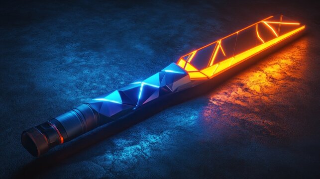 Futuristic weapon, glowing, dark surface, sci-fi background, game asset