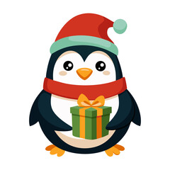 A penguin wearing a hat and holding a green box
