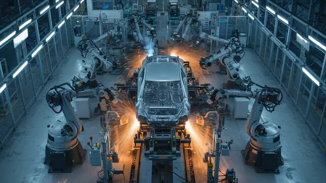 Advanced Robotics and Automation in Vehicle Assembly Line with Dynamic Lighting and Sparks
