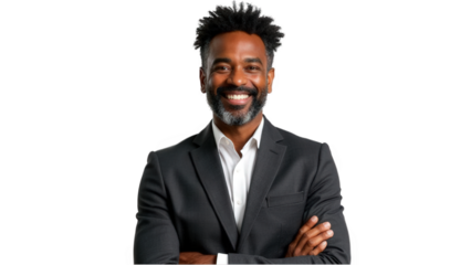 A smiling african american man in a suit with his arms crossed against a black background portrait style isolated over png transparent background