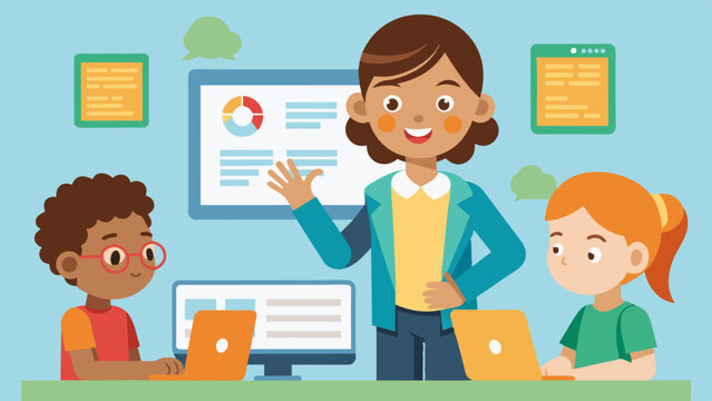 A teacher guides her young students through a coding tutorial using visual programming to introduce them to the basics of logic and problem solving.. Vector illustration