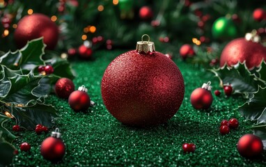A red ornament with a gold top is nestled among vibrant holly leaves.