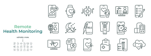 Set of telemedicine icons for remote healthcare, medical services, online consultations, patient support, and virtual doctor visits. Editable stroke style, modern wellness symbols.