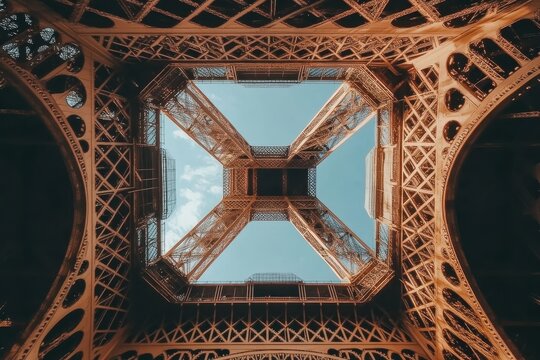 View upward through the intricate wrought iron structure at the base of a famous landmark, A view up through the center of the wrought-iron structure of the Eiffel Tower in Paris, France - Powered by Adobe