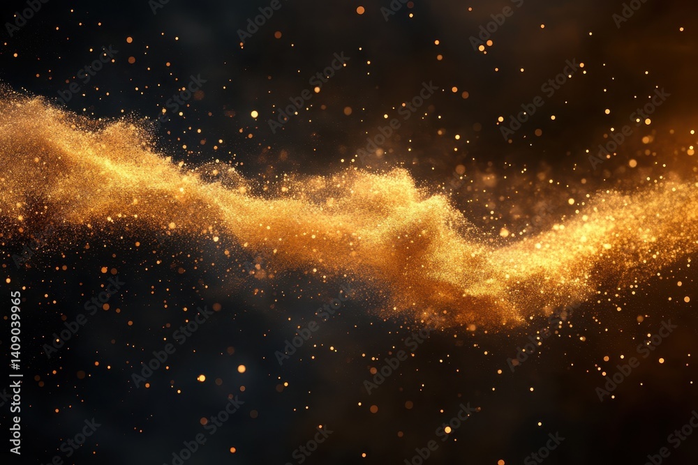 Poster Organic particles with golden trails flow dynamically across a dark background highlighting their movement and texture, Organic particles with trails flow across the frame
