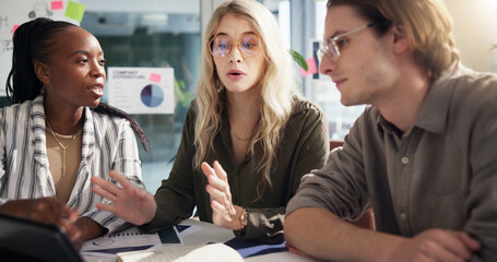 Discussion, project or people with charts or teamwork for social media subscription or business meeting. Planning, SEO analysts or brainstorming for report documents, graphs growth or startup review