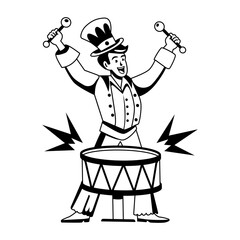 A glyph illustration of a circus drummer beating drum with sticks 
