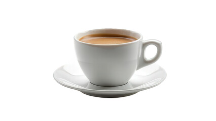 Fototapeta premium A cup of coffee with milk on a white saucer against a black background in a studio setting view isolated over png transparent background