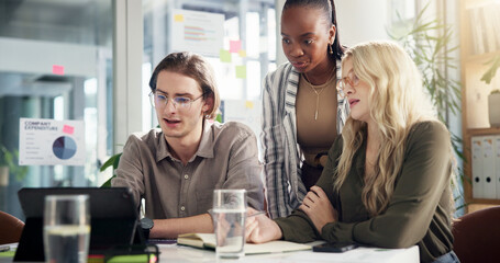 Meeting, tablet and business people in office, collaboration and ad agency with feedback for project. Employees, sales consultant and group with tech, talk or email for proposal or analysis for stats