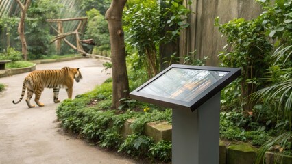 zoo, animals A tiger walks past an informational sign in a lush, green zoo environment.