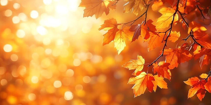 Warm golden sunlight filters through vibrant orange autumn leaves creating a peaceful fall scene Perfect for seasonal greetings and nature-themed designs - Powered by Adobe