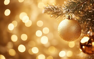 A decorated Christmas tree featuring a gold ornament and a gold bauble.