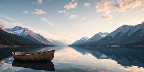 Boat Lake Mountains Wooden rowboat floating on tranquil mountain lake at sunset