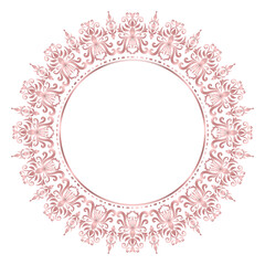 Decorative damask round frame, Elegant element for design in Eastern style, Classic place for text, Luxury Floral rose gold border, Lace illustration for invitations and greeting cards