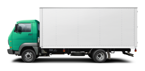 Classic European delivery truck with white van and blue green cabin. Side view isolated on white background.