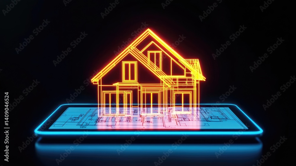 Poster Building house on blueprint with vignetting and construction concept. A digital model of a house displayed on a smartphone screen.