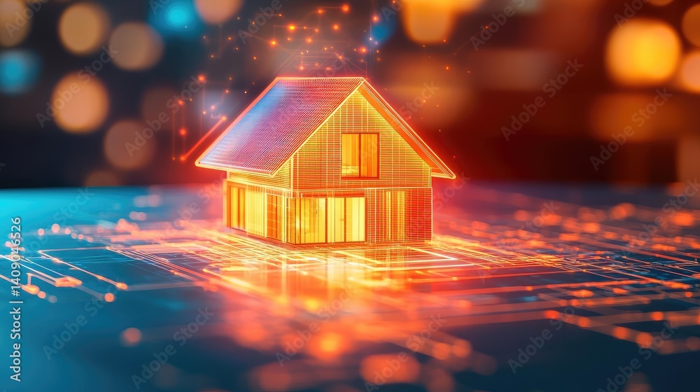 Poster building house on blueprint under plan and architecture concept. a futuristic house model illuminate