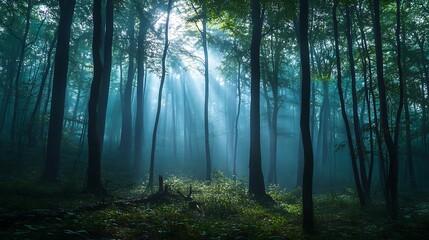 Fototapeta premium Luminous Sunbeams Filtering Through Forest Trees Creating Atmospheric Light and Shadow Effects