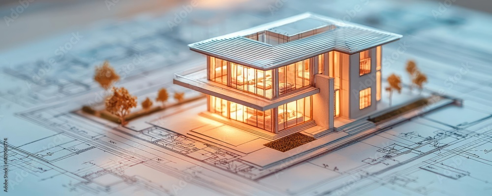 Poster Building house on blueprint with vignetting and construction concept. A modern architectural model on blueprint plans with warm lighting.