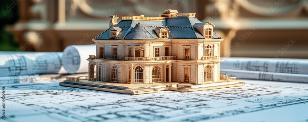 Aufkleber Building house on blueprint with vignetting and construction concept. A detailed model house on architectural blueprints showcasing design.