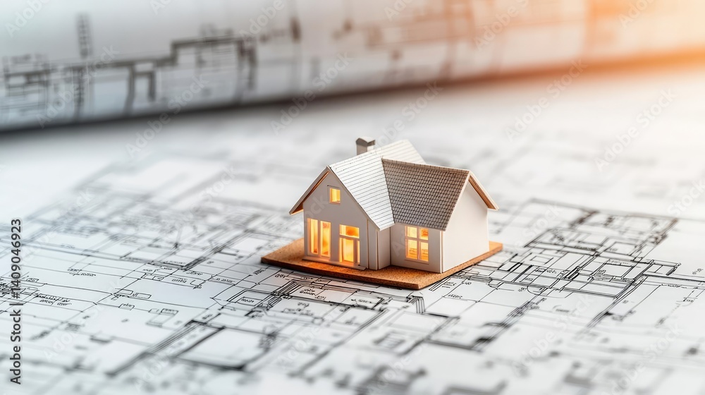 Poster Building house on blueprint under plan and architecture concept. A miniature house model on blueprints representing construction.