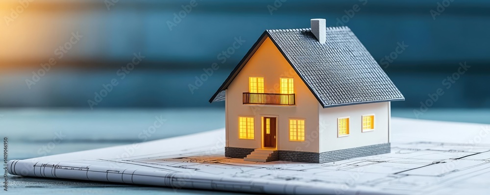 Poster building house on blueprint under plan and architecture concept. miniature house model on paper blue