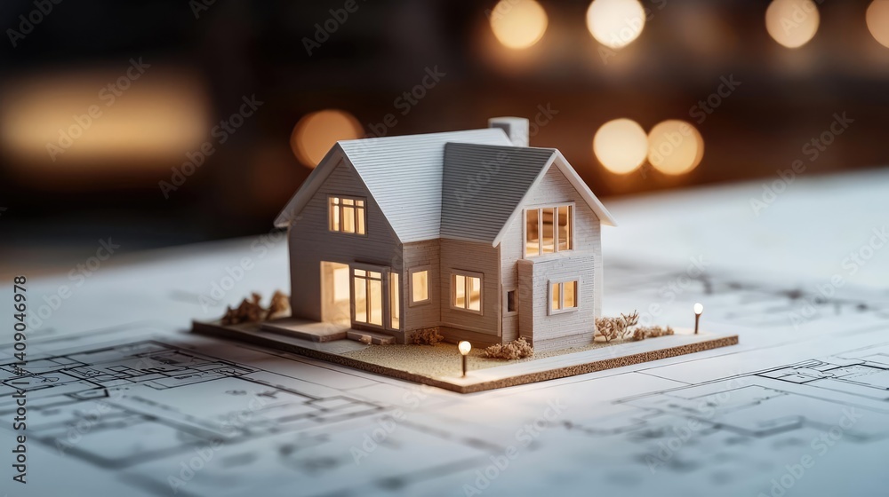 Poster Building house on blueprint with a focus on architecture and vignetting concept. A detailed model house on architectural blueprints.