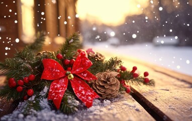 A festive Christmas decoration rests on a wooden bench covered in snow.