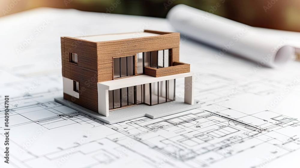 Poster Building house on blueprint with vignetting and construction concept. Detailed architectural model on blueprint showcasing modern design.