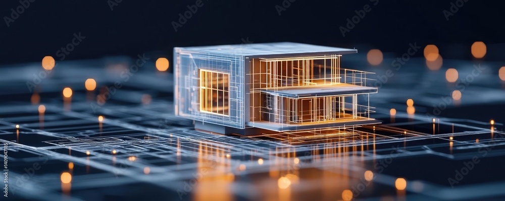 Aufkleber Building house on blueprint with a focus on architecture and vignetting concept. Modern architectural model with glowing designs on digital base.